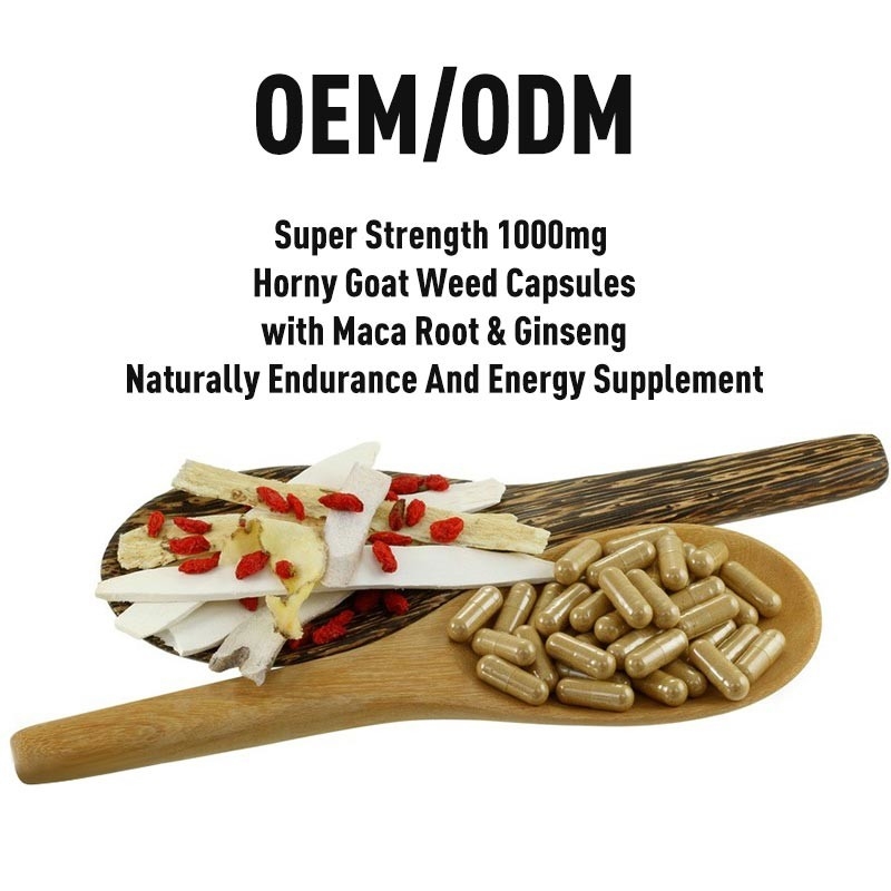 OEM Super Strength 1000 มก. แคปซูลวัชพืชแพะเงี่ยนพร้อมราก Maca และโสม