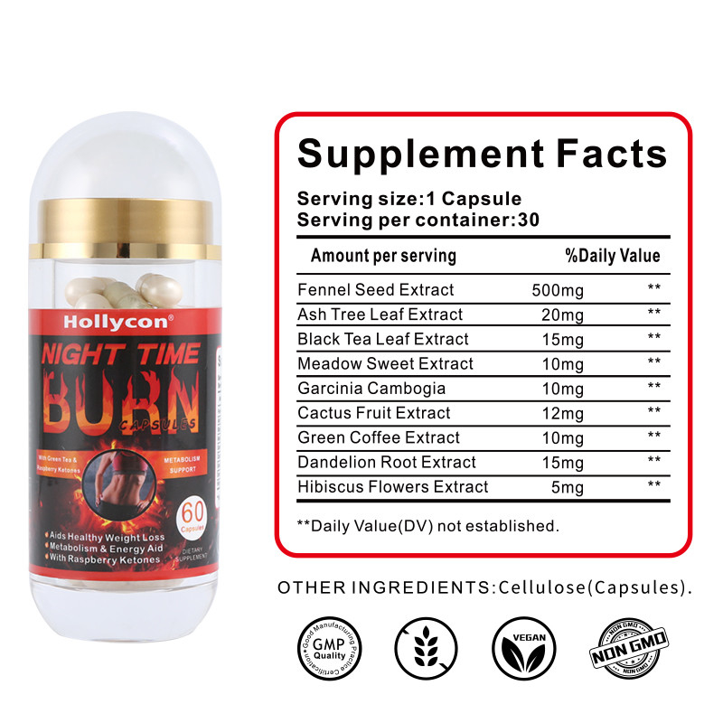 อาหารเสริมเพื่อสุขภาพฉลากส่วนตัว OEM รองรับการลดน้ำหนักในเวลากลางคืน Fat Burn Capsules