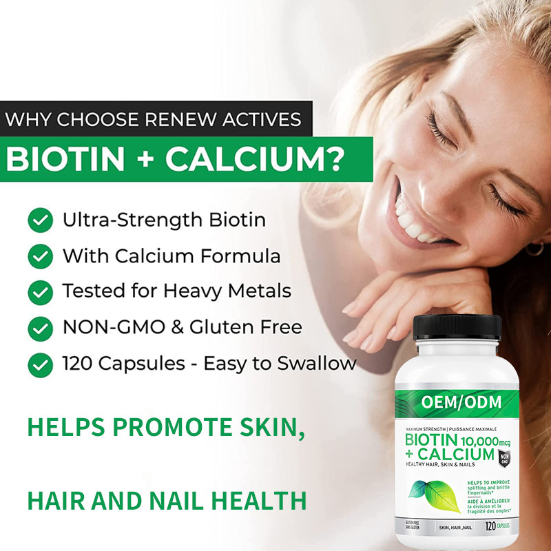 แคลเซียม 10000mcg อาหารเสริมไบโอตินที่มีศักยภาพเพื่อสุขภาพผมผิวเล็บกระดูกข้อต่อฟันที่แข็งแรง