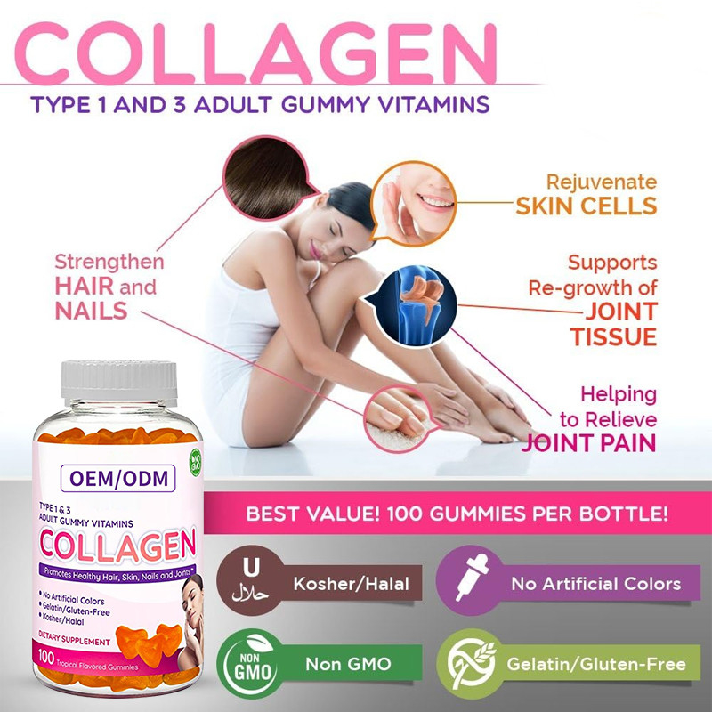ODM Collagen Gummies 2500mcg Biotin Zinc Vitamin E C สำหรับการเจริญเติบโตของเส้นผมและเล็บ