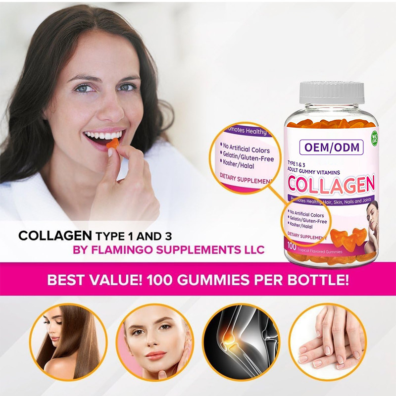 ODM Collagen Gummies 2500mcg Biotin Zinc Vitamin E C สำหรับการเจริญเติบโตของเส้นผมและเล็บ