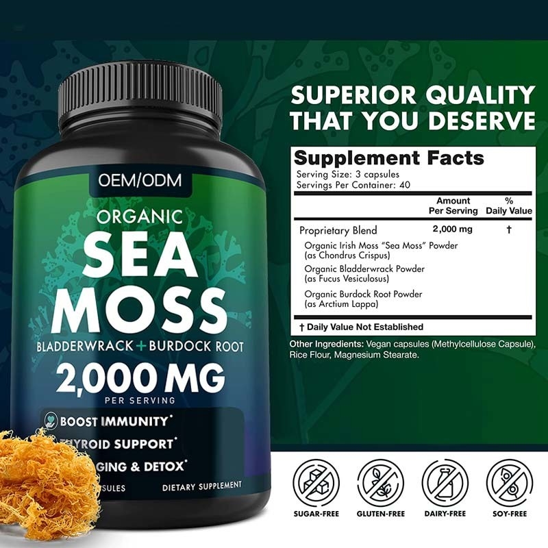 แคปซูลตะไคร่น้ำอินทรีย์ที่ไม่ปรุงแต่ง Wildcrafted Sea Moss ดิบ 60 เม็ดตังฟรี Seamoss