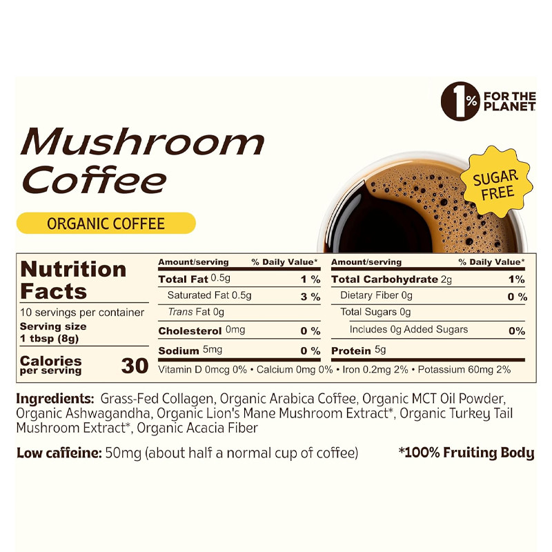 กาแฟเห็ดทันทีอินทรีย์ที่มีคอลลาเจน MCT น้ํามัน การย่อยอาหาร อาหารเสริมสุขภาพเห็ด ขาวกาแฟ