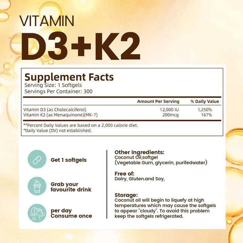 OEM การดูดซึมแคลเซียม สุขภาพกระดูกและหัวใจ วิตามิน D3 K2 น้ํามันโคโคส Softgels