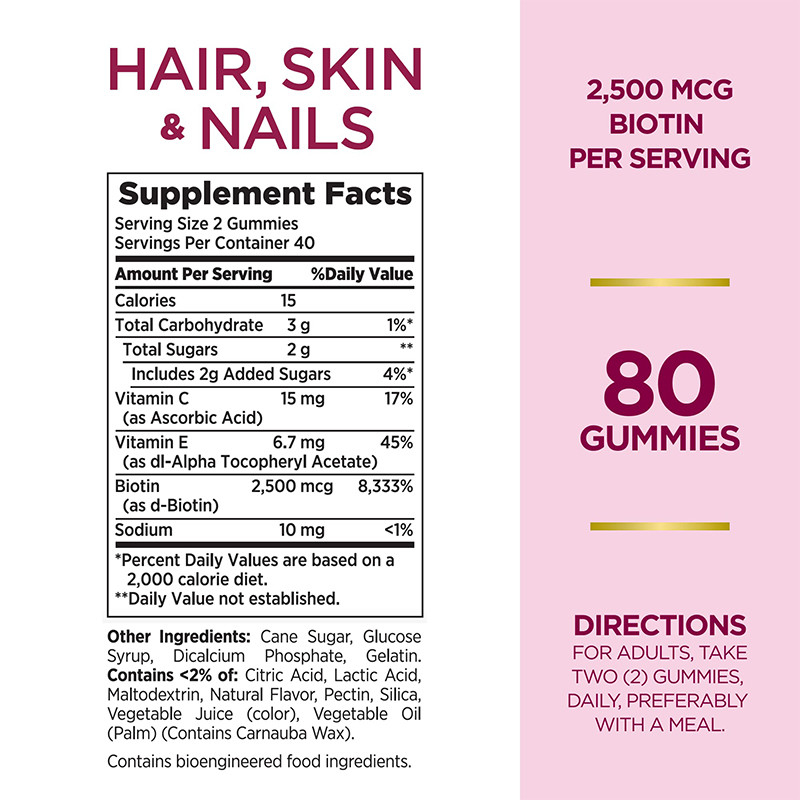 ผิวหนังผมและเล็บ ยางยางยางสําหรับการเติบโตของผม 2500mcg Biotin ยางยางยางสําหรับผู้หญิง