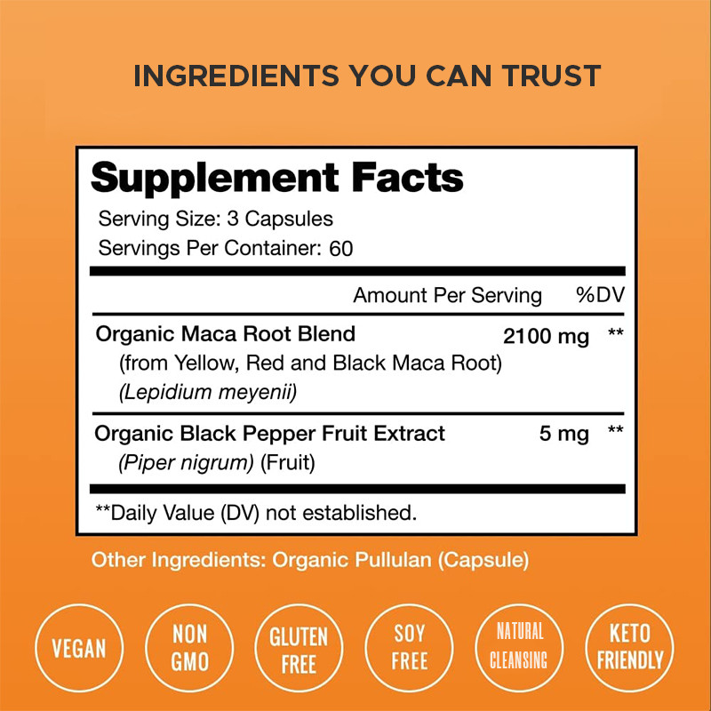 แคปซูล Maca Root สําหรับผู้ชาย 2100mg สารผสมราก Maca อินทรีย์ สําหรับการสนับสนุนอารมณ์