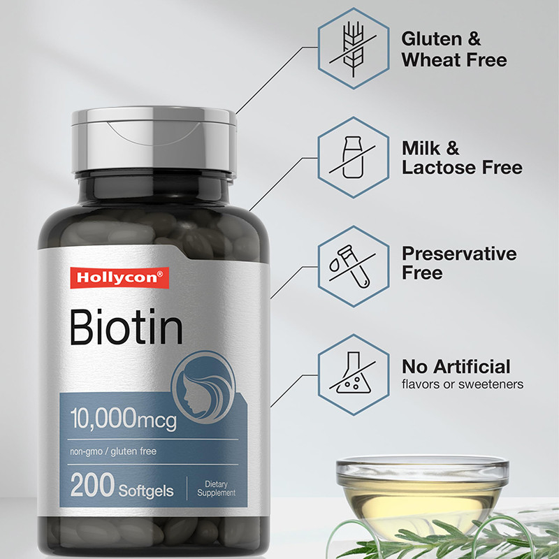 อาหารเสริมบิโอตินเพื่อสุขภาพผม 10,000mcg บิโอติน โซฟท์เจลสําหรับสุขภาพผมและเล็บ