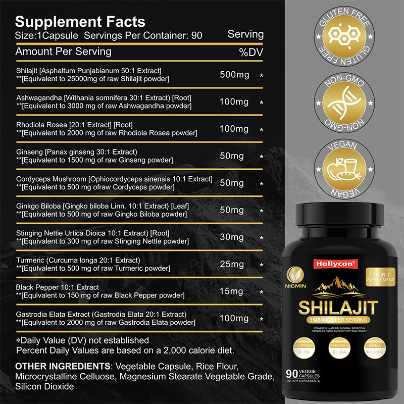 อาหารเสริม Shilajit อินทรีย์แท้จากฮิมาเลียน เพื่อสนับสนุนภูมิคุ้มกัน 25000mg แคปซูล Shilajit