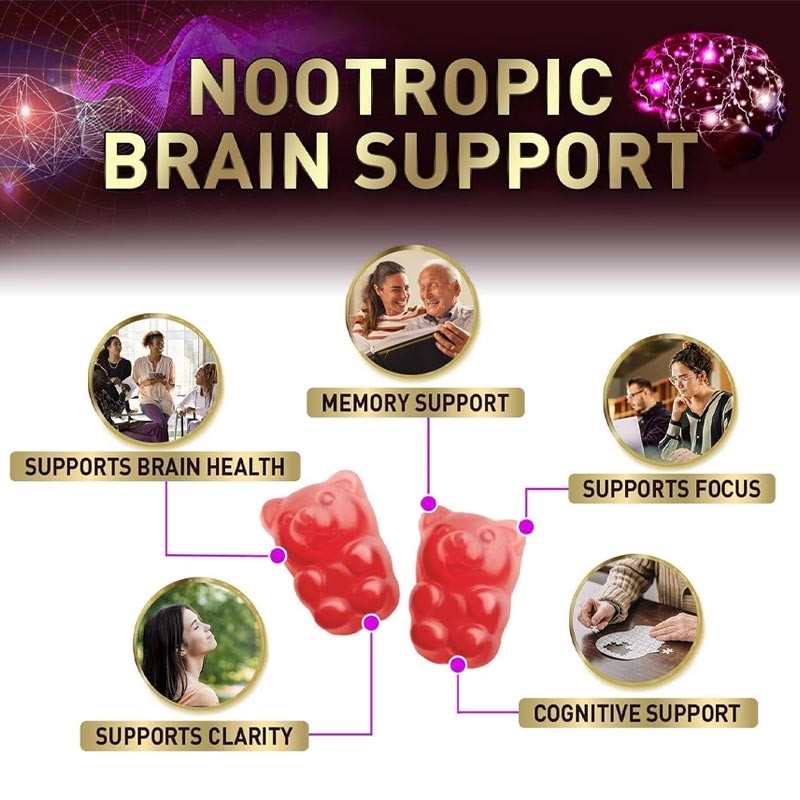 OEM อาหารเสริมสมองเพื่อความจําและความมุ่งมั่น อาหารเสริมความจํา Nootropic อาหารเสริมความจํา Gummy สําหรับสุขภาพสมอง ความมุ่งมั่น จิตใจและความรู้