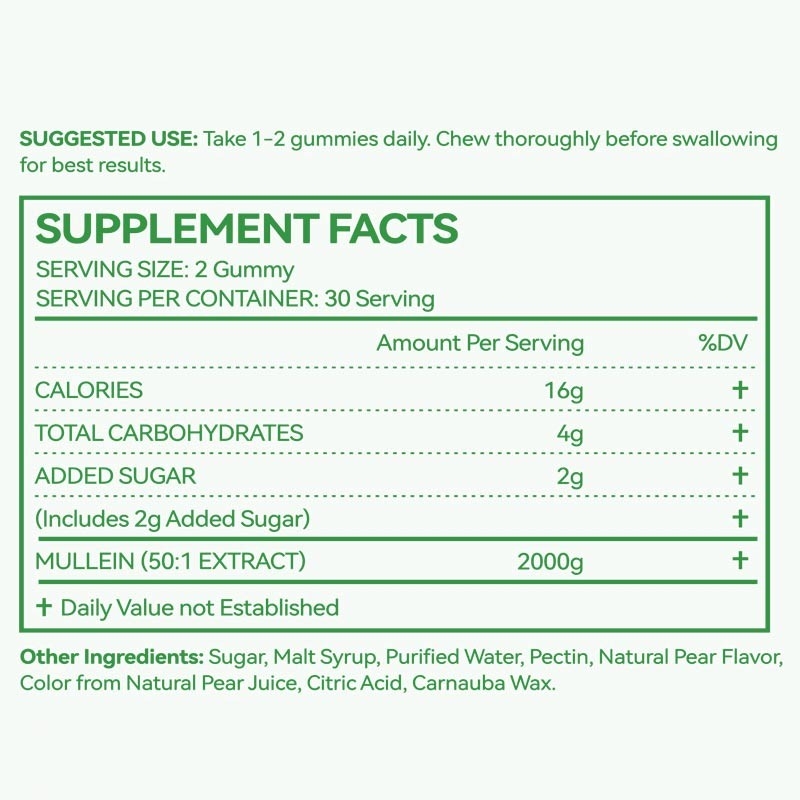 สารสกัดจากใบ Mullein คุณภาพสูงเพื่อปอด 2000mg กัมมี่ Mullein สำหรับปอด ดีท็อกซ์ระบบทางเดินหายใจ ระบบย่อยอาหาร และภูมิคุ้มกัน