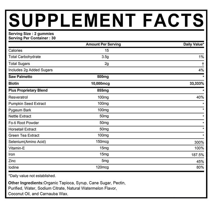 อาหารเสริมการเติบโตของเส้นผมในโรงงานสําหรับผู้หญิงและผู้ชาย DHT Blocker Gummies สนับสนุนสมดุลฮอร์โมน สุขภาพต่อมลูกหมาก Saw Palmetto Gummies