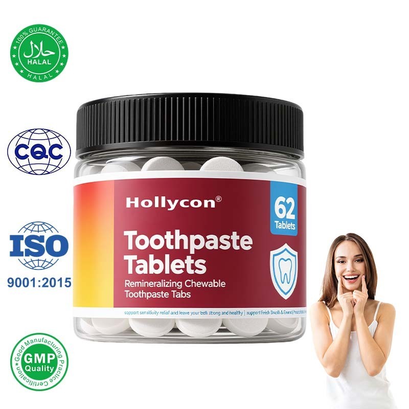 แท็บเล็ตยาสีฟันทำจากโรงงานนาโนไฮดรอกซีอะพาไทต์ที่มีโปรไบโอติกฟลูออไรด์และพลาสติกฟรีและขนาดที่เป็นมิตรกับการเดินทาง