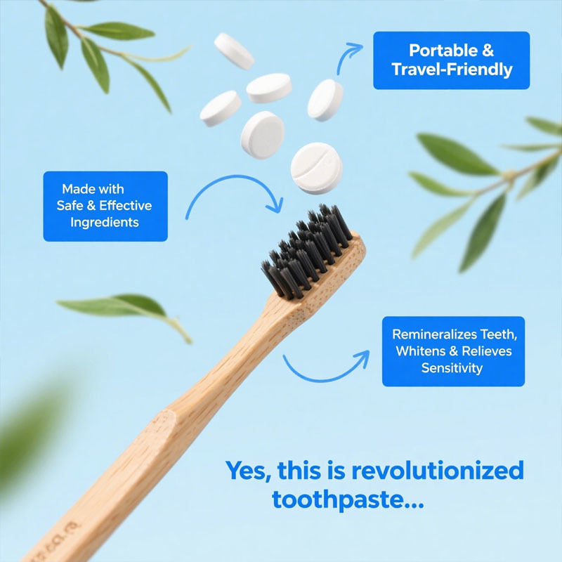 แท็บเล็ตยาสีฟันทำจากโรงงานนาโนไฮดรอกซีอะพาไทต์ที่มีโปรไบโอติกฟลูออไรด์และพลาสติกฟรีและขนาดที่เป็นมิตรกับการเดินทาง