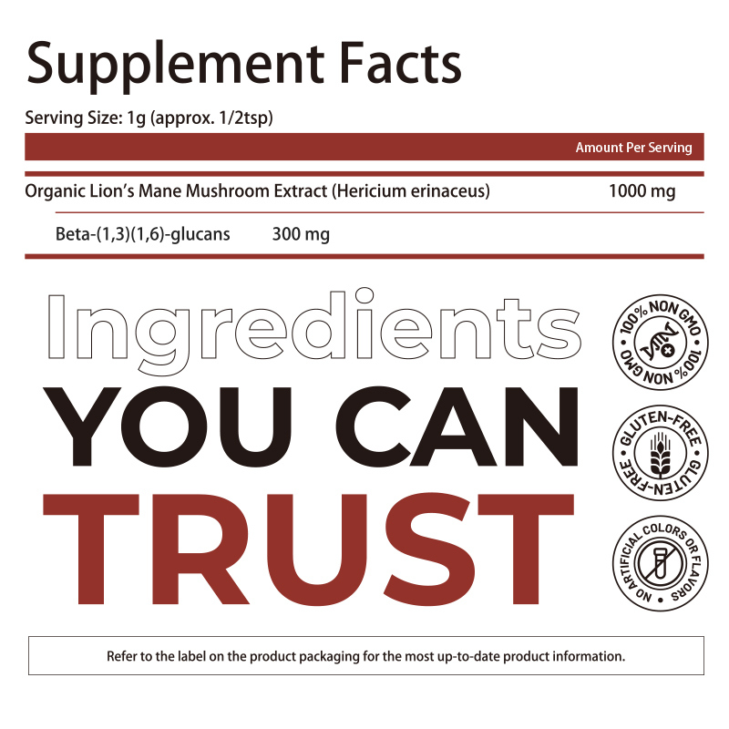 สับปุ๊ดอาหารเสริมหอมสิงโตอินทรีย์ที่มีสารสกัดจากผักผลไม้ 100% และเบต้ากลูแคน 30% เพื่อสนับสนุนการคิด - 150 กรัมต่อถุง