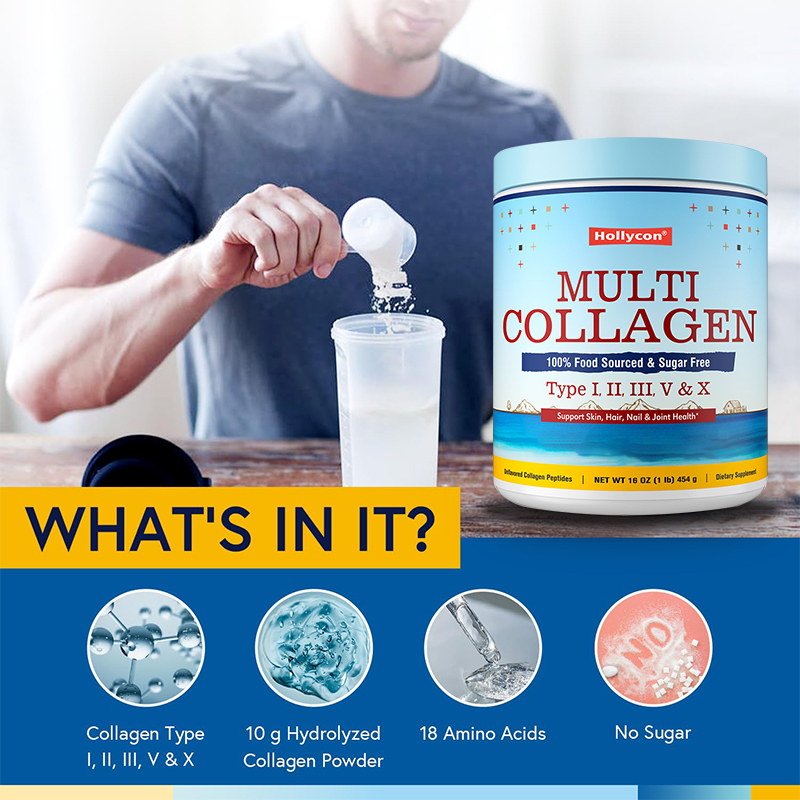 มัลติคอลลาเจนเพปติด ขาวชนิด I II III V X อาหารเสริมคอลลาเจนไฮดรอลไซส์ 454 กรัม