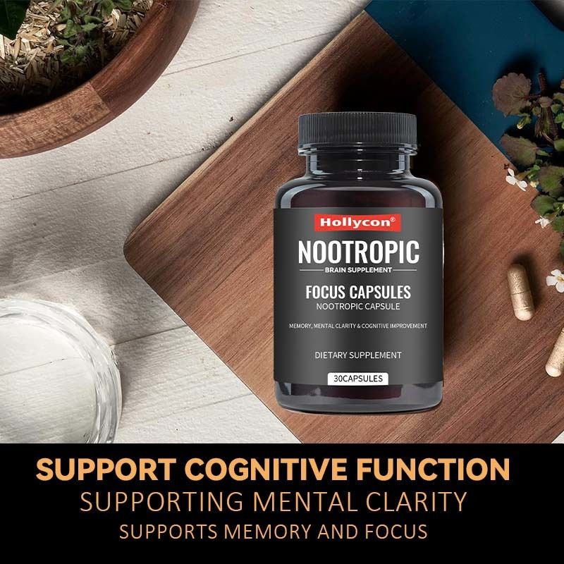 OEM Focus Capsules with L-Theanine วิตามิน B6 ความจํา ความชัดเจนทางจิตและการปรับปรุงการคิด Nootropic Brain Supplement