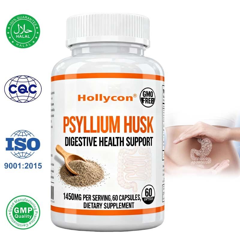 แคปซูล Psyllium Husk จํานวน 60 อาหารเสริมที่สนับสนุนลําไส้และลําไส้ใหญ่ ส่งเสริมสุขภาพและความเป็นปกติของระบบย่อยอาหาร ไม่ GMO สูตรที่มีใยสารสูง เบลล์ส่วนตัว OEM มีอยู่ ราคาโรงงาน