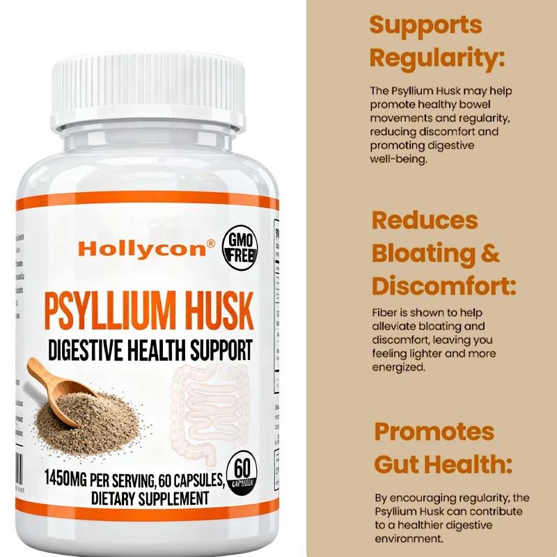 แคปซูล Psyllium Husk จํานวน 60 อาหารเสริมที่สนับสนุนลําไส้และลําไส้ใหญ่ ส่งเสริมสุขภาพและความเป็นปกติของระบบย่อยอาหาร ไม่ GMO สูตรที่มีใยสารสูง เบลล์ส่วนตัว OEM มีอยู่ ราคาโรงงาน
