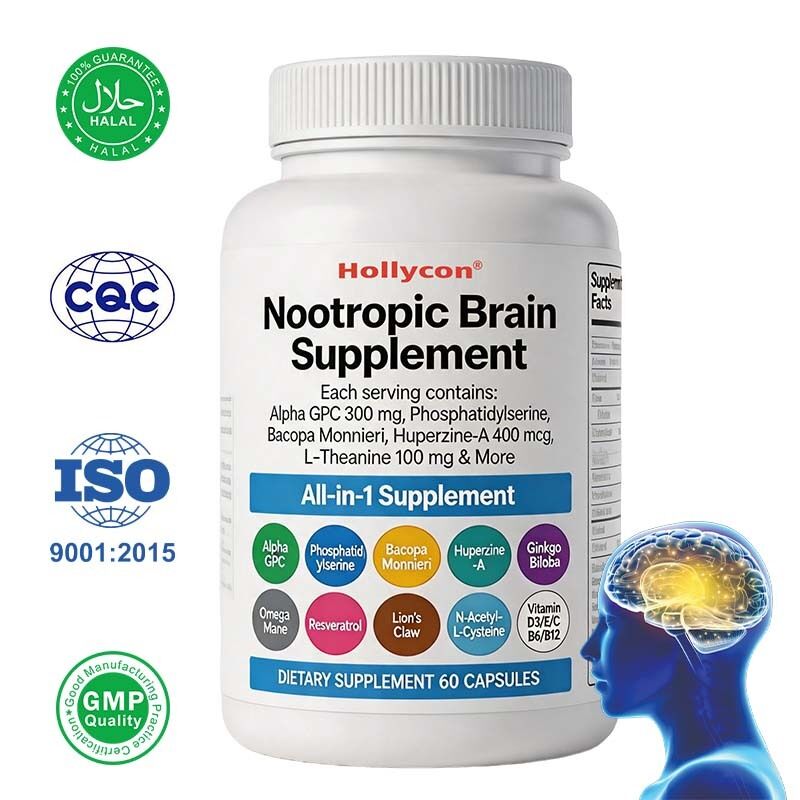OEM Nootropic Brain Supplement กับ Alpha GPC, Phosphatidylserine & Bacopa Monnieri สนับสนุนความจําและความสนใจ ความรู้และอารมณ์