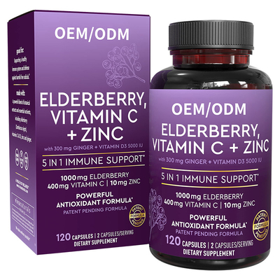 วิตามินซี + สังกะสี Elderberry Capsules ภูมิคุ้มกันต่อต้านอนุมูลอิสระสำหรับผู้ใหญ่