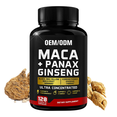 กำหนดเอง 10,000 มก. สีดำสีแดงสีเหลือง Maca Root เสริม Panax Ginseng Capsules