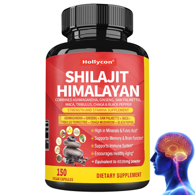 Shilajit Himalayan แคปซูลผสม Ashwagandha Ginseng Saw Palmetto Maca Tribulus Chaga และพริกดํา