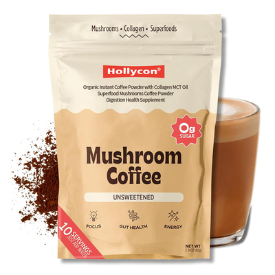 กาแฟเห็ดทันทีอินทรีย์ที่มีคอลลาเจน MCT น้ํามัน การย่อยอาหาร อาหารเสริมสุขภาพเห็ด ขาวกาแฟ